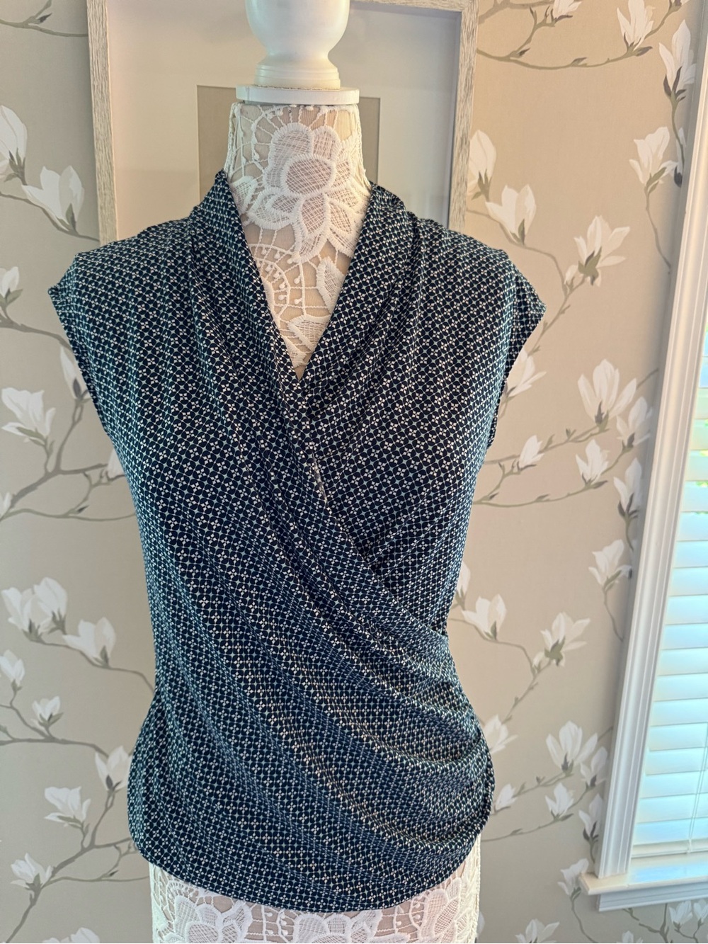 Vince Camuto Navy and White Faux-Wrap Sleeveless Top